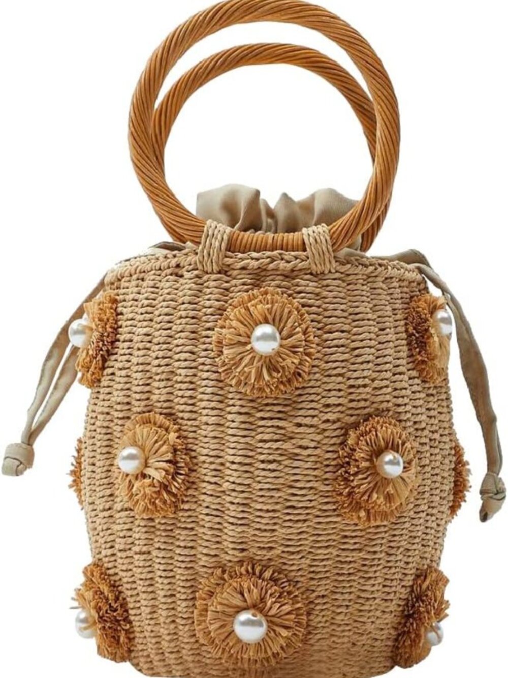 Chic Flower Pearls Rattan Tote Bag | Summer Beach Drawstring Straw Bucket Bag - Picture 1 of 10
